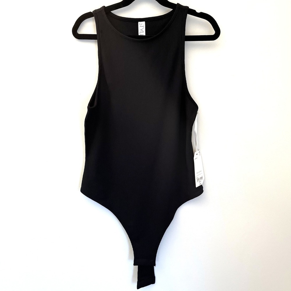 Stylus‎ Black Ribbed Bodysuit Women's Size S NWT Stretch Fitted Layering Top